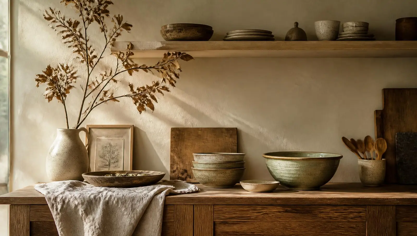 Stoneware bowls and a dried branch on an oak sideboard in warm afternoon light