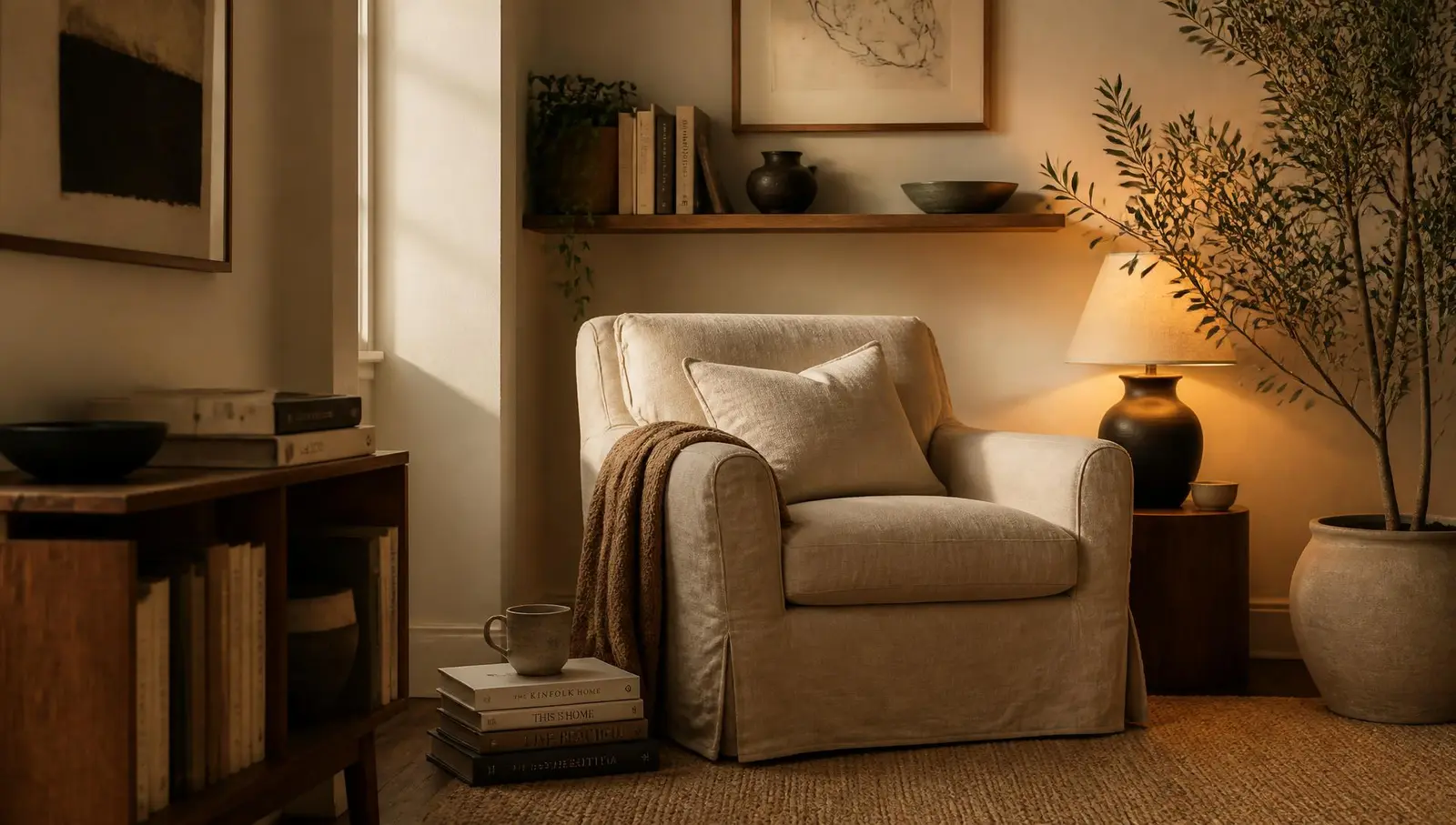 Cozy reading corner with a linen armchair, books, ceramics and warm lamp light