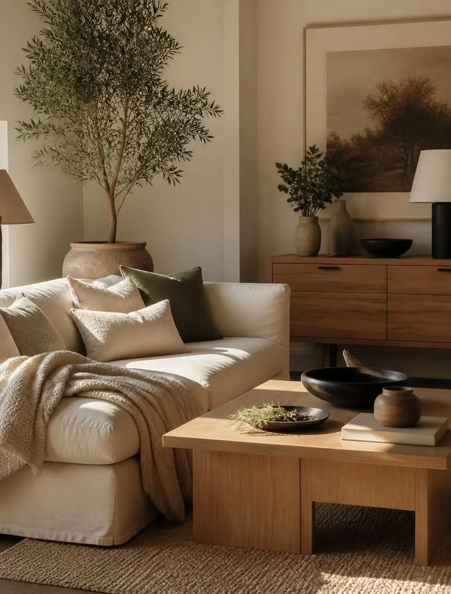 Cream bedroom with linen bedding and a green sprig