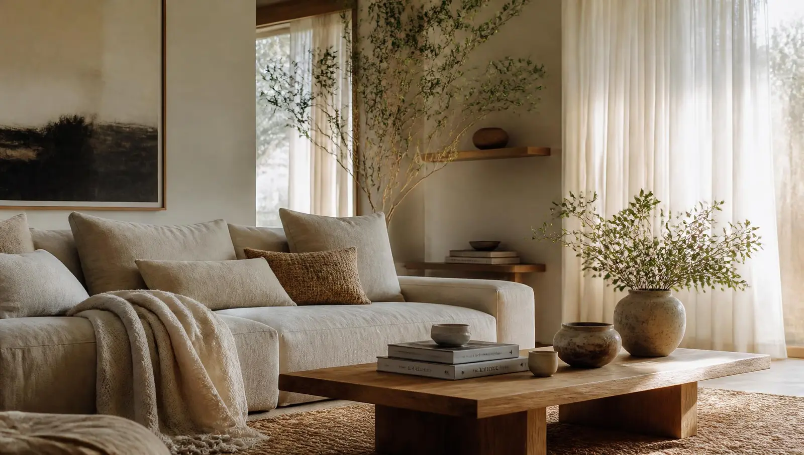 A sunlit Japandi living room with linen sofa, books, ceramics and plants