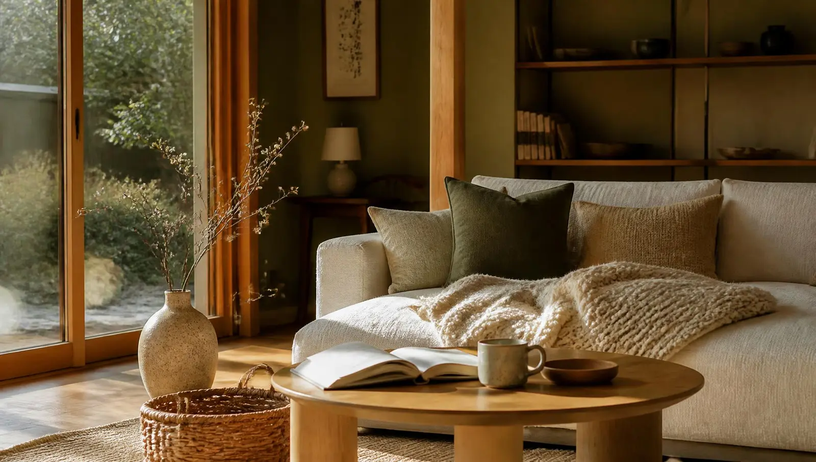 Sunlit Japandi living room with cream linen sofa and oak coffee table