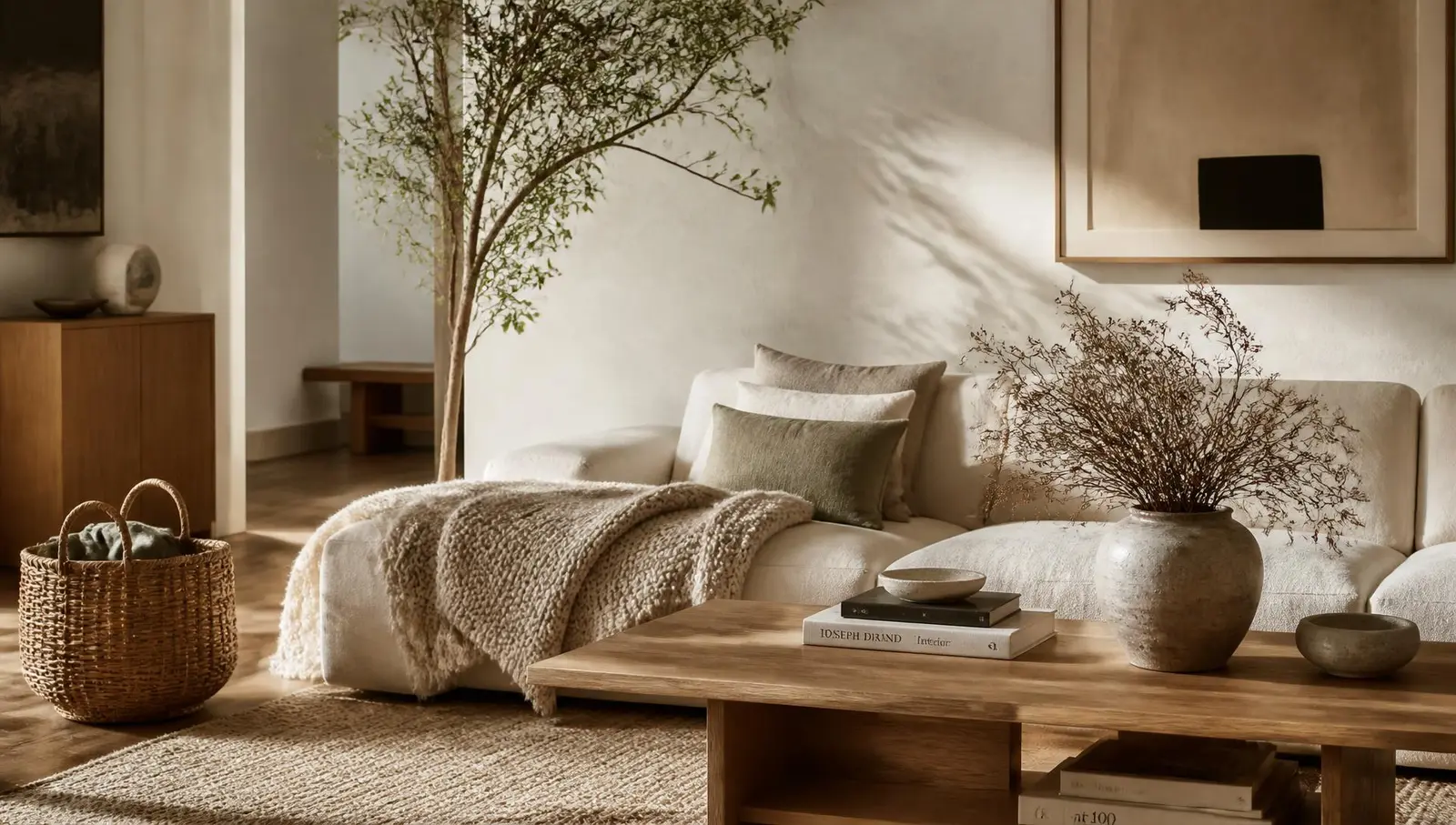 Sunlit Japandi living room with linen sofa, knit throw and oak table