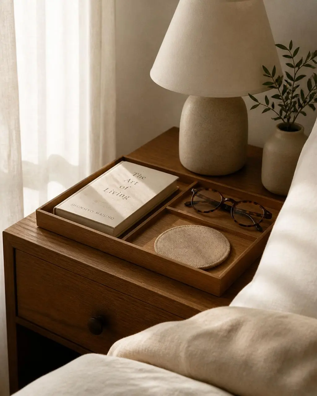 A bedside tray that simplifies mornings — a small detail that makes home feel better