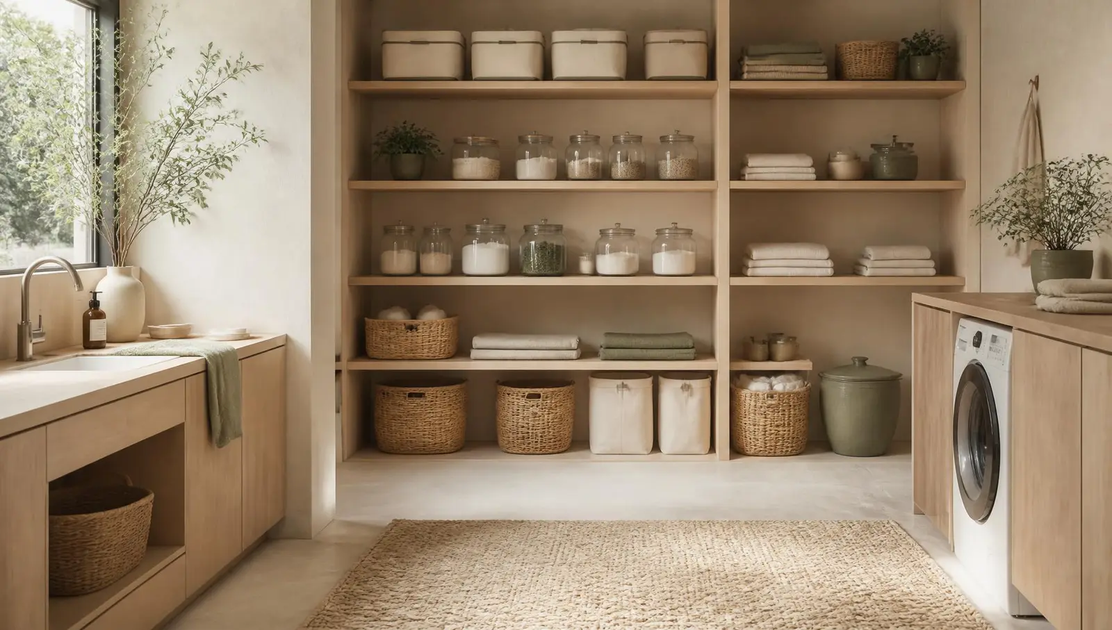 Calm organized utility room with oak shelving, linen boxes and glass jars