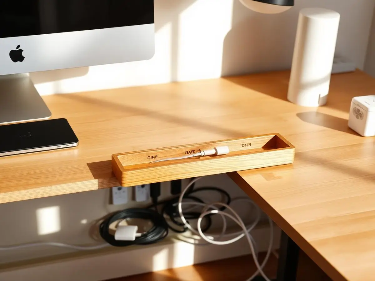 Wooden Cable Tray — Cords, Out Of Sight, styled in a warm home interior