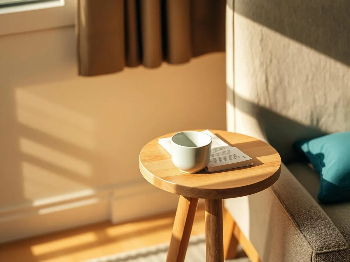 Round Wooden Side Table — Somewhere To Put The Cup Down, styled in a warm home interior