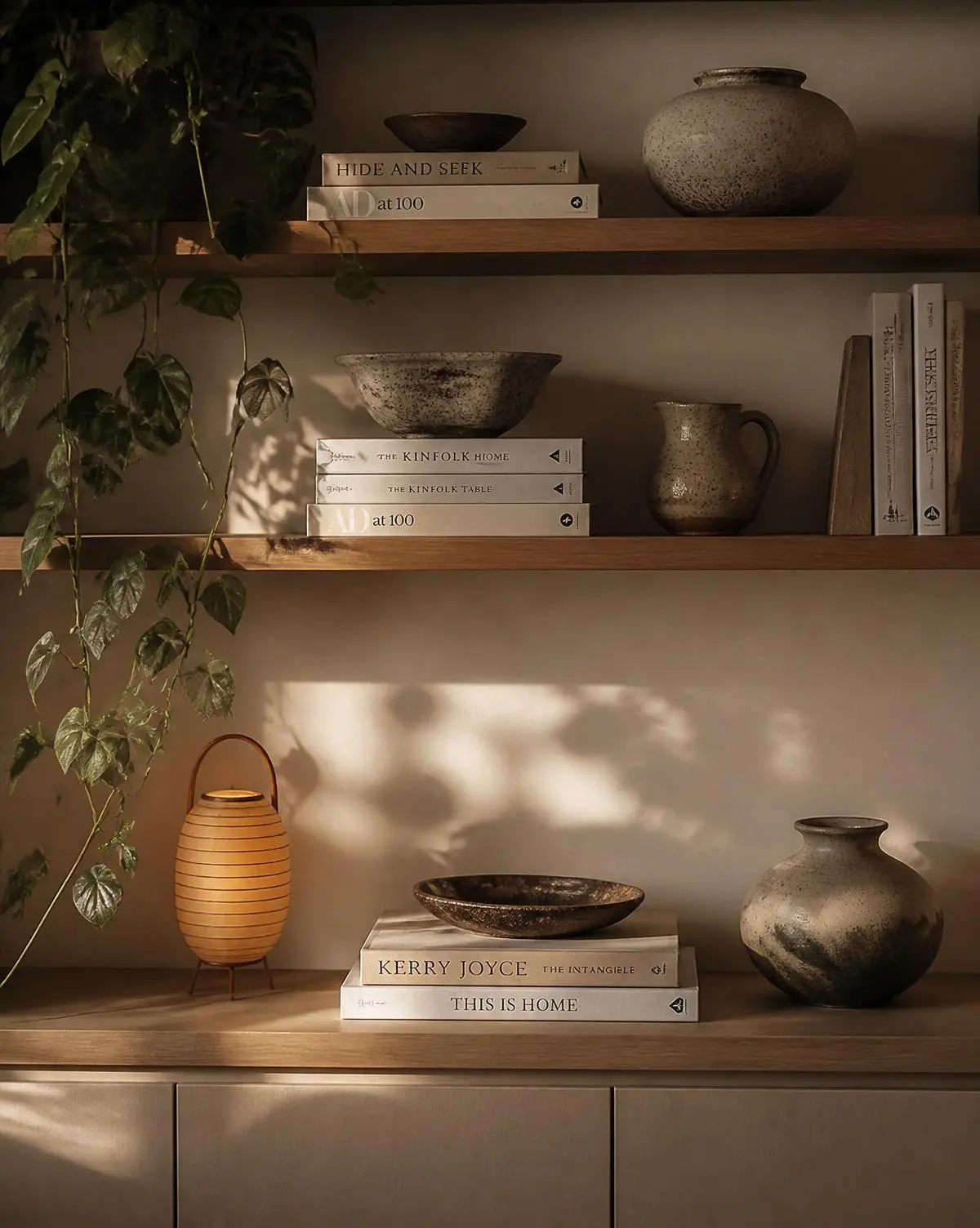 Hands arranging ceramic bowls on a light wooden shelf